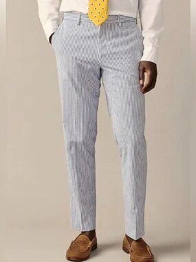 $218 J. Crew Ludlow Slim Fit White Blue Striped Seersucker Pants Men's 32x32 NWT